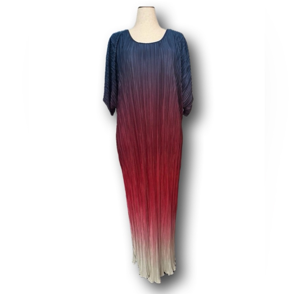 Curve Metallic Blue Pleated Maxie Dress, Light weight flowy, color fade Ambre